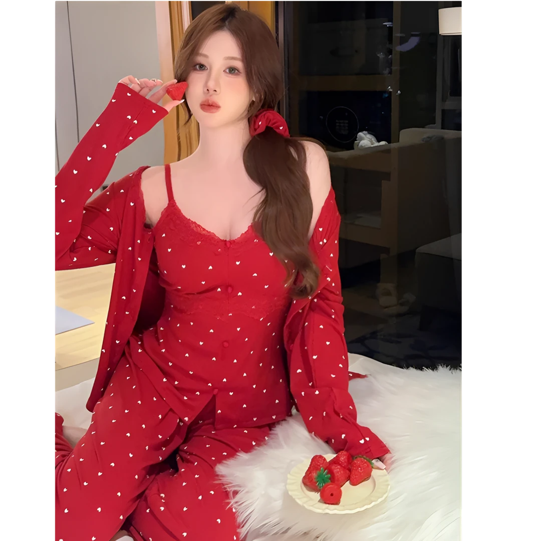 带胸垫睡衣女春秋季纯欲轻奢新年本年红色三件套少女家居服可外穿