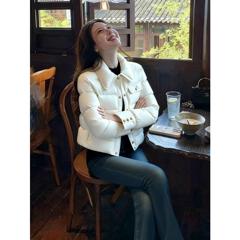 法式简约白色小香风翻领棉服女款2025年秋冬时尚保暖加厚短款棉衣