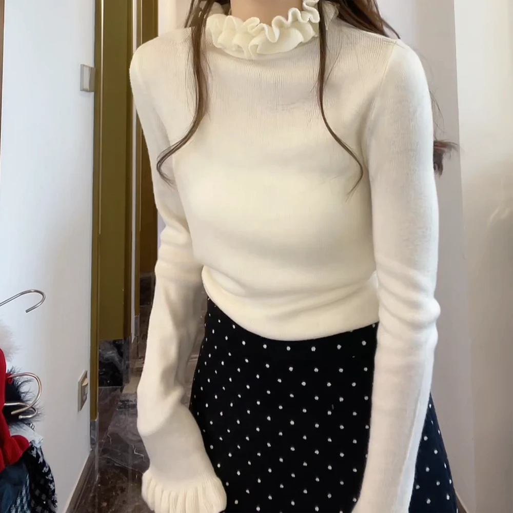 花边荷叶领打底衫内搭套头针织上衣女冬季新款气质修身短款小衫