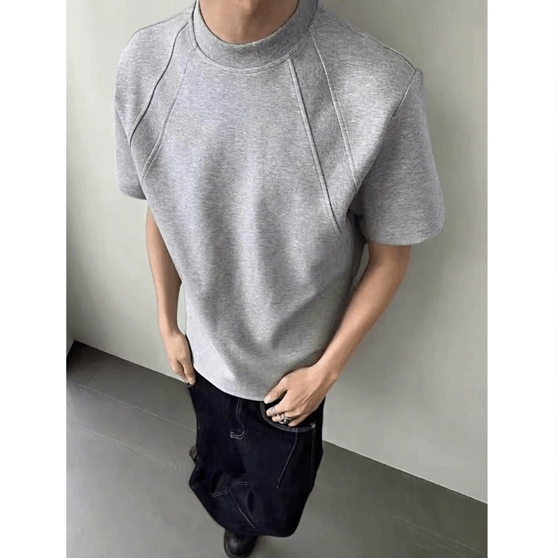 夏季灰色空气层拼接短袖T恤男boxy版型短款正肩抗皱美式重磅情侣