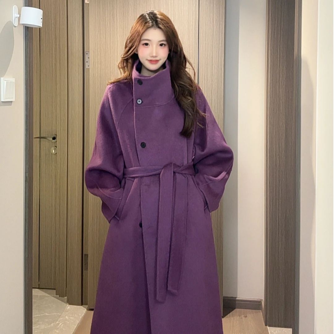 【】冬季新款双面呢大衣女装长款气质百搭纯色长款羊毛大衣25017