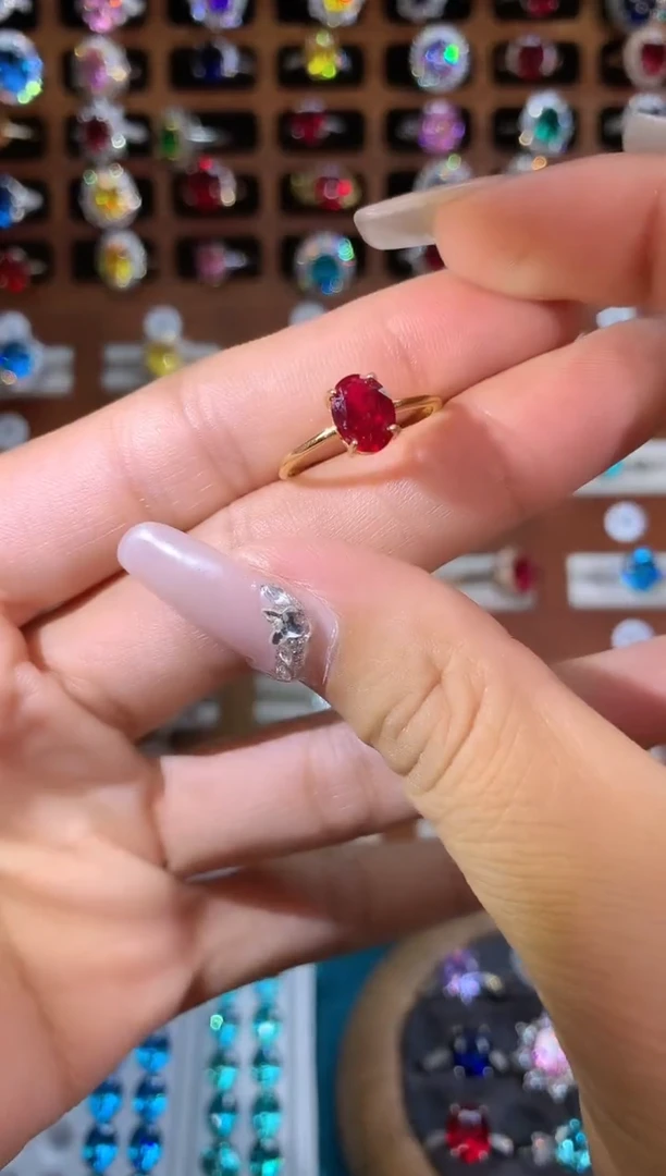 银S925镶嵌戒指红宝石68酒红金