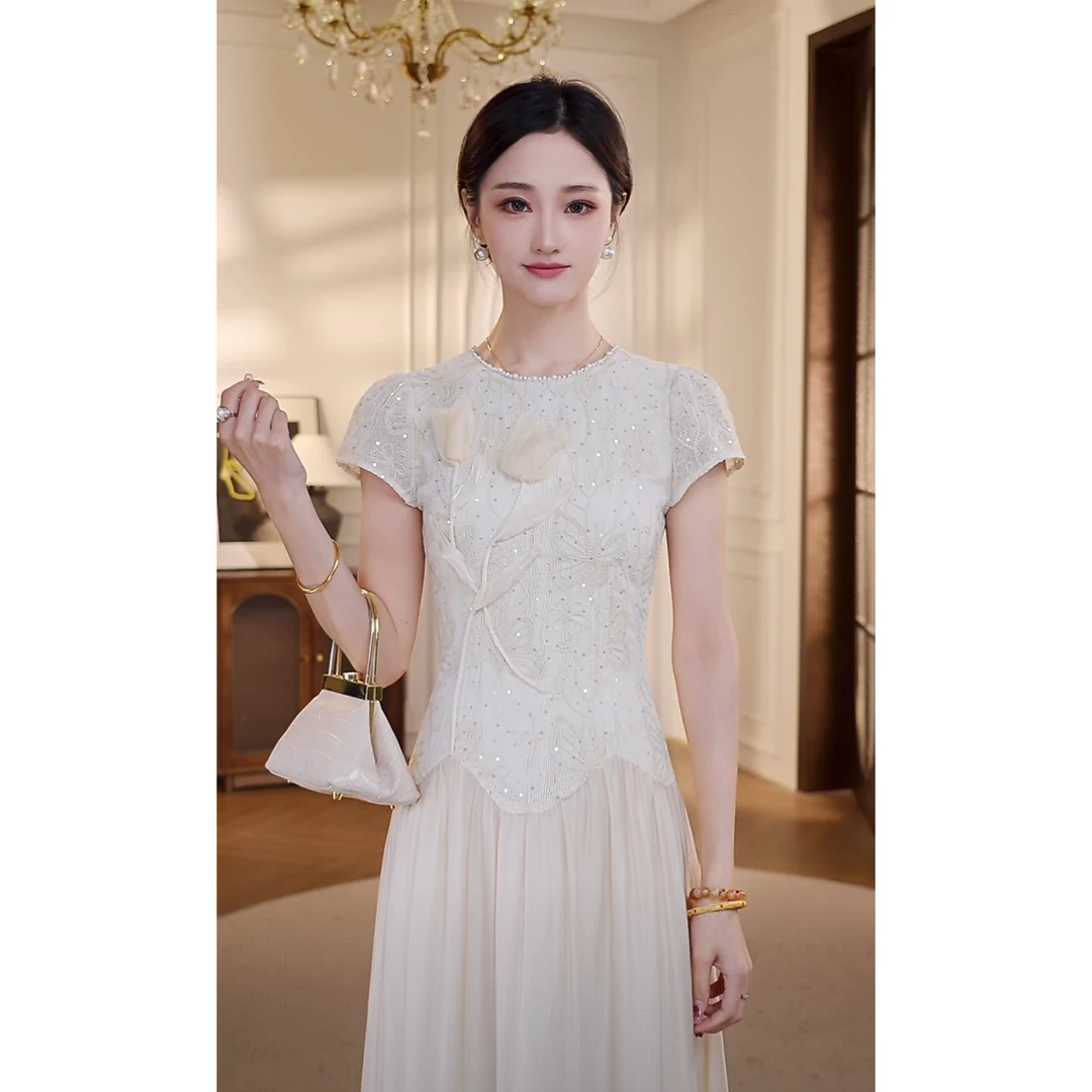 【双双&GERTCOREL】松柏书院  法式天丝珠片立体花连衣裙CC252L1092