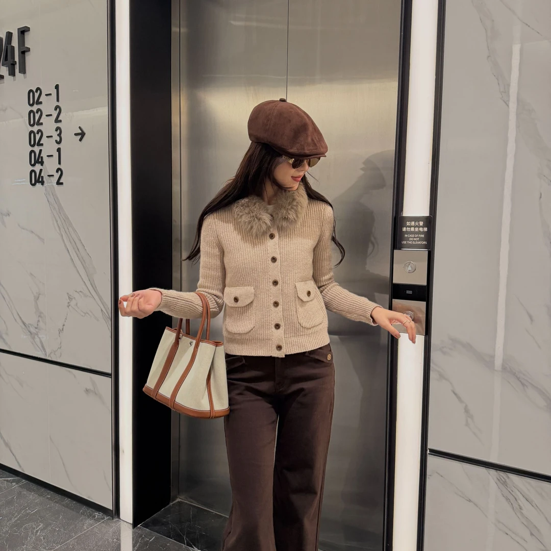 「暖领织章」进口澳洲绵羊毛 可拆卸毛领开衫长袖毛衣外套AW229