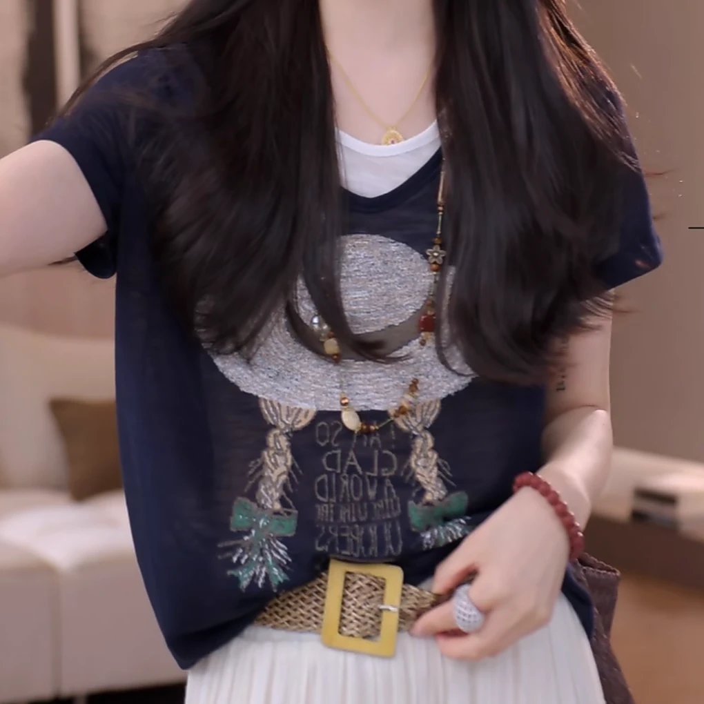 小草帽透气清爽假两件短袖T恤2025夏季新款印花百搭气质通勤上衣