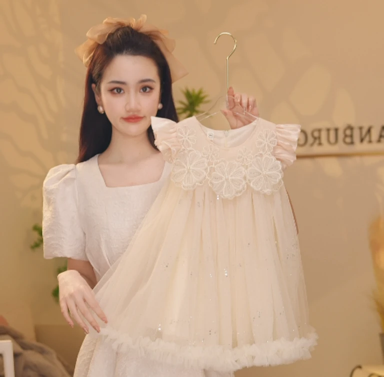 【Y.d9614】2025夏季新款女童刺绣花朵网纱连衣裙女童甜美公主裙