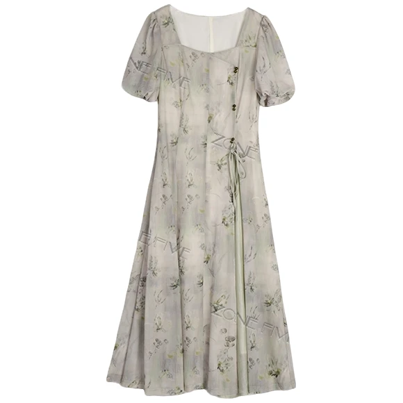 方领泡泡袖印花拼接收腰连衣裙立领印花连衣裙Q003