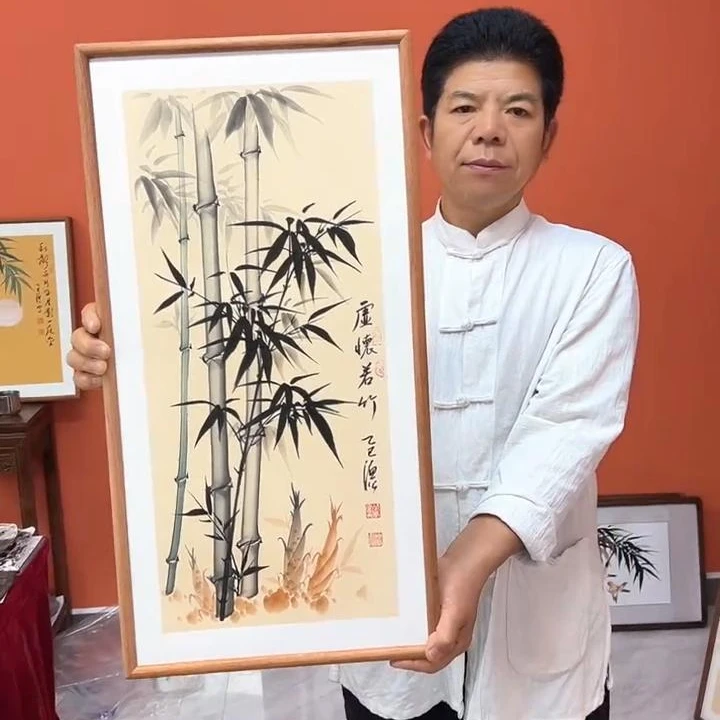 张富民作品/虚怀若竹（乌檀木实木框）（新版）/36*69cm左右