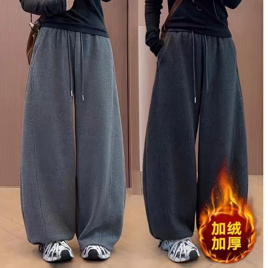 【正版原版】新欧货加绒加厚青花瓷毛呢阔腿休闲风立体线设计感卫裤