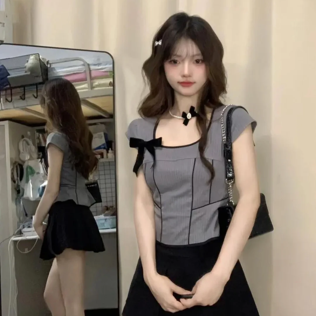 纯欲方领bm风正肩短袖t恤女夏季短款小个子甜辣妹修身鱼骨上衣ins