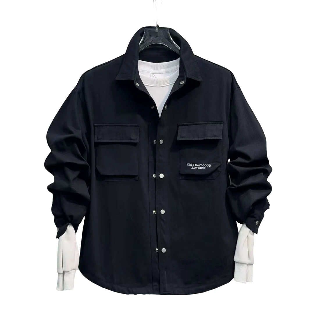 男士春秋季长袖百搭衬衫厚外套压印刺绣宽松休闲潮流工装风衬衣