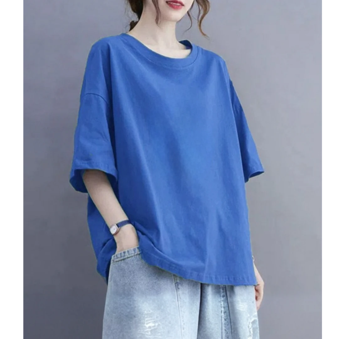 蓝色高品质纯棉短袖T恤女夏季新款时尚复古猫咪印花欧货小衫上衣