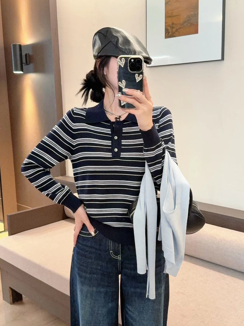 复古条纹长袖polo衫打底羊毛针织衫叠穿简约上衣披肩两件套
