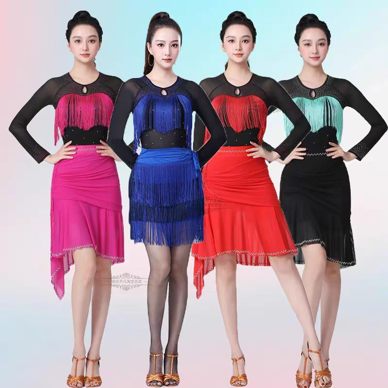 拉丁舞上衣练功服连体流苏烫钻长袖伦巴吉特巴国标舞衣交谊舞蹈服