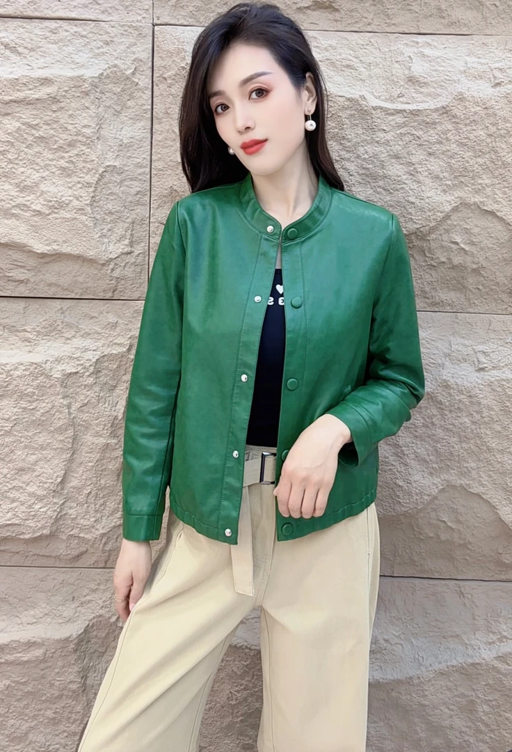 海宁正品2025春秋新款圆领时尚休闲中老年小个子皮衣外套女