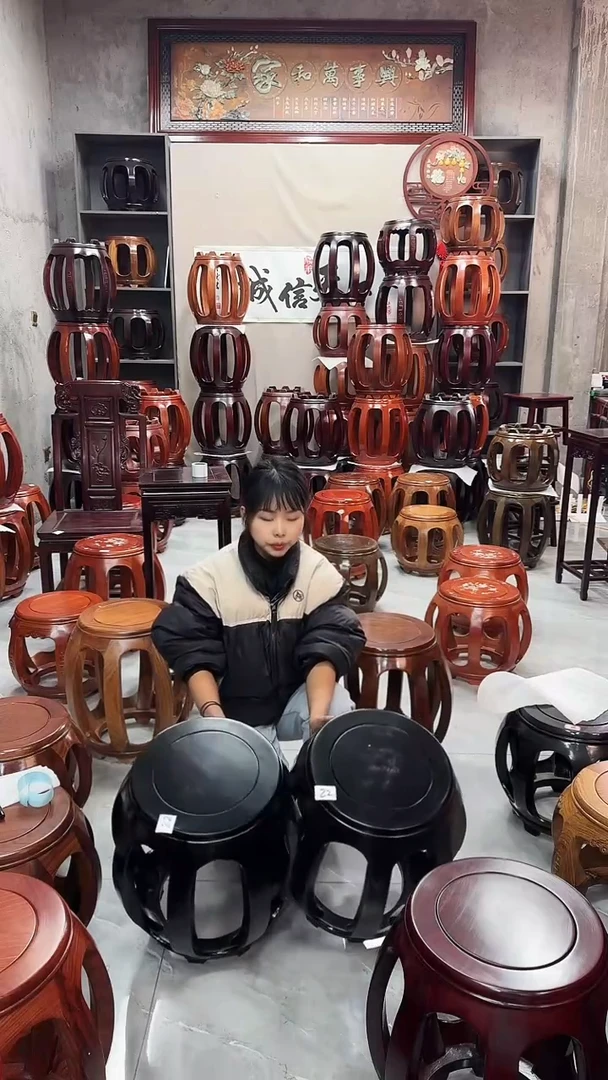 【闪购商品】花梨木类家具微瑕花梨木黑檀色大号鼓凳一对22号