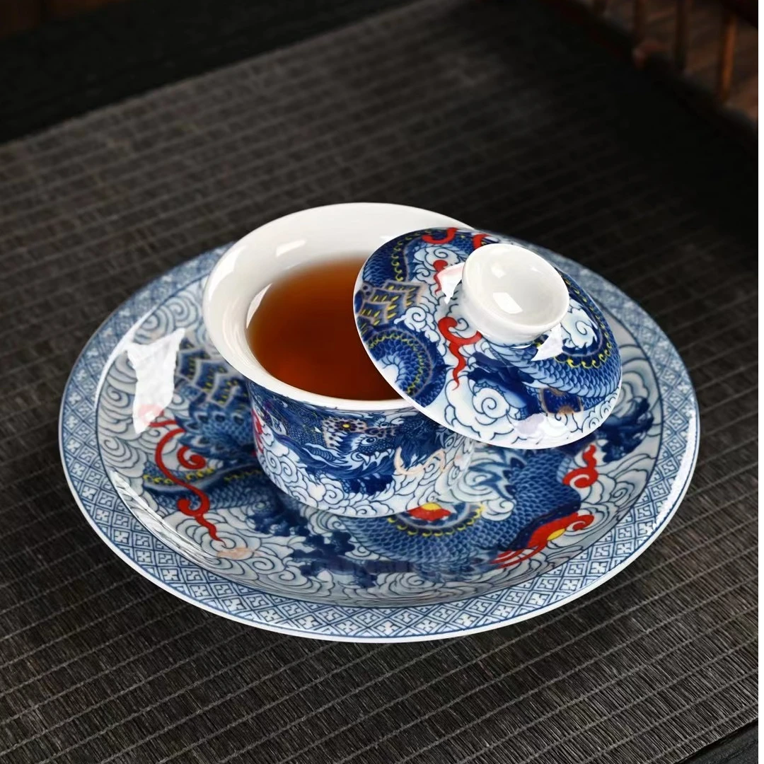 中式复古高档悬停悬转陶瓷三才盖碗家用大容量壶承泡茶碗茶具器具