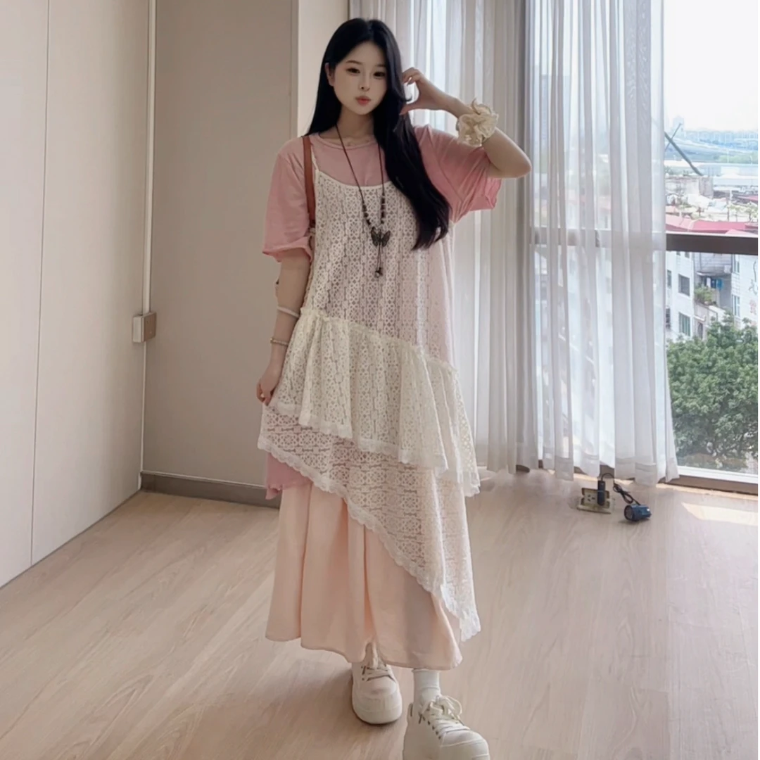 【有运补】不规则下摆设计蕾丝吊带连衣裙时尚百搭打底衫三件套套装