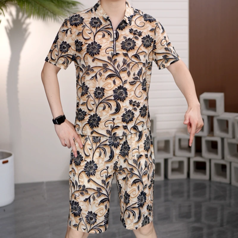 2025夏季花纹男士欧货半袖翻领拉链轻奢短袖T恤短裤TZ36958