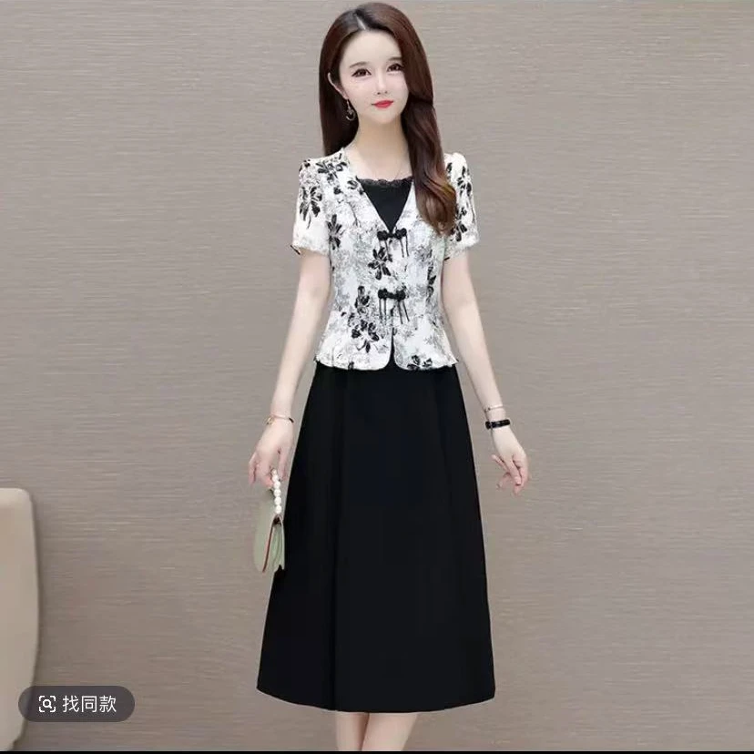 夏季新款印花连衣裙气质中长款假两件减龄连衣裙2577#