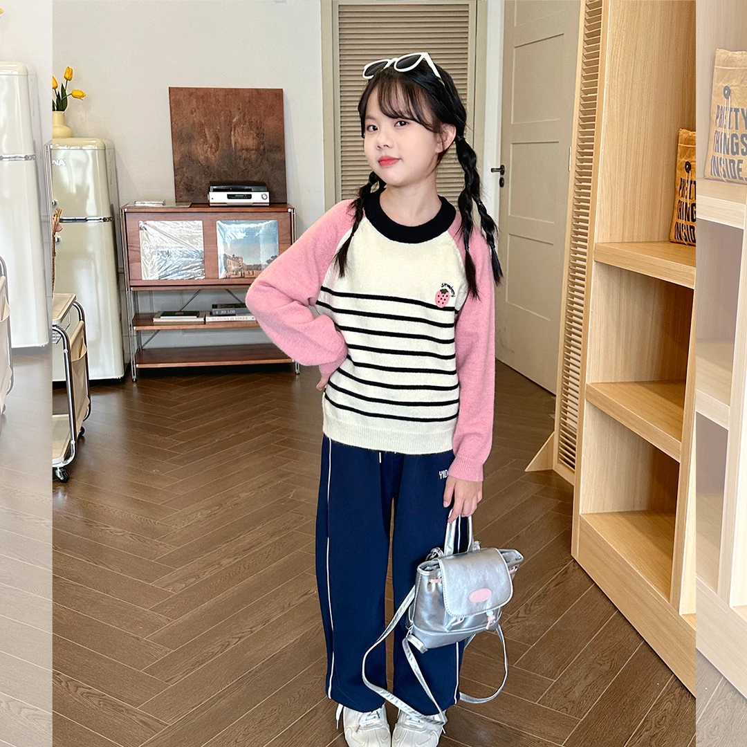 现货【条纹草莓毛衣】7717女童毛衣秋款新款针织上衣长袖百搭外套