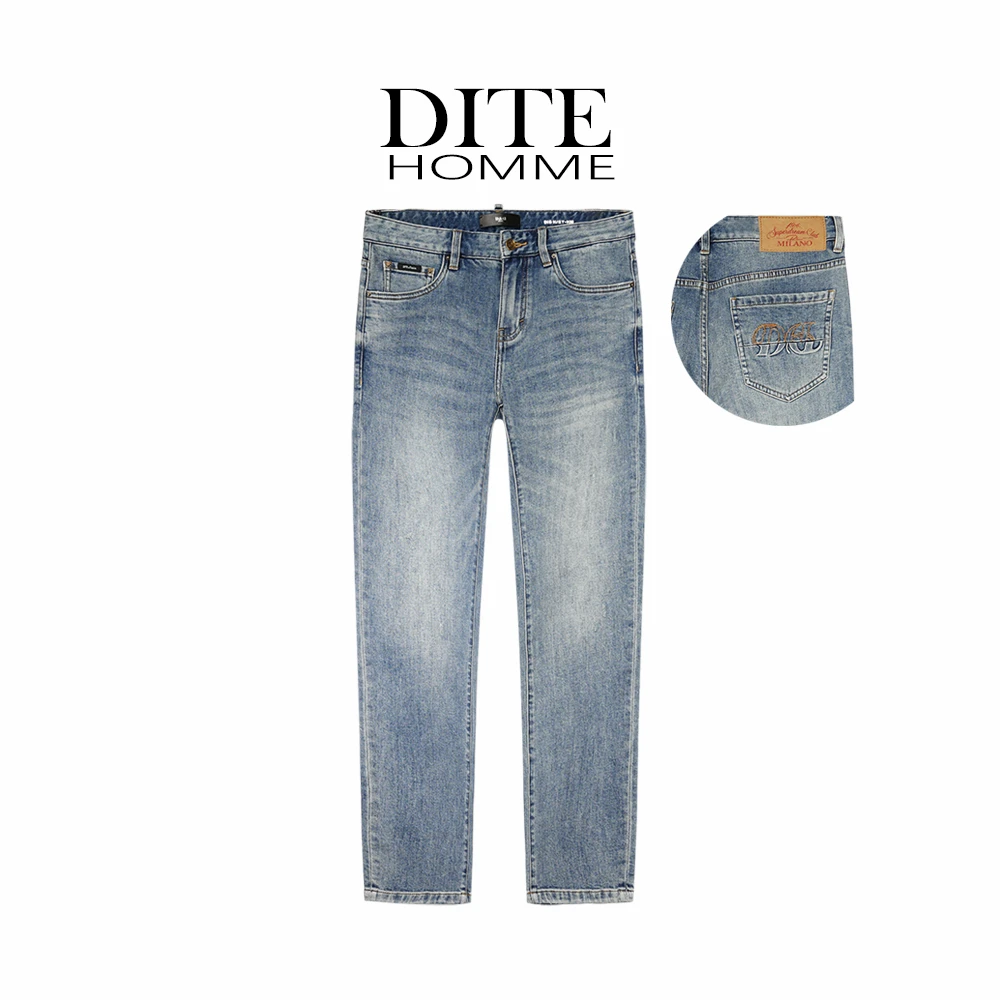 DITE迪特25春夏休闲男款夏季牛仔裤印花男修身刺绣时尚潮流水洗