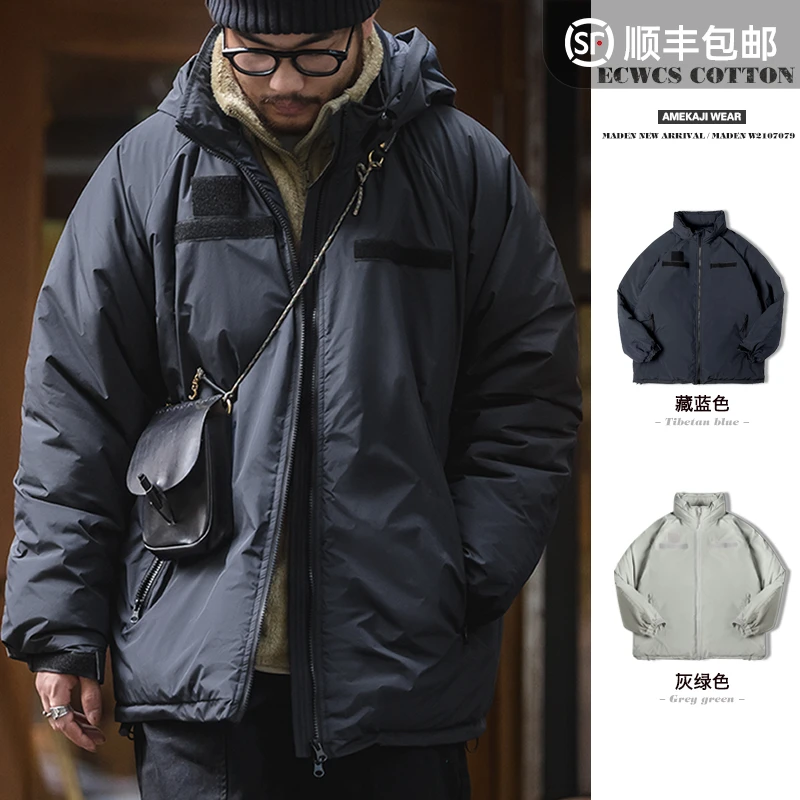 马登工装美式复古保暖棉衣藏青色防水连帽加厚宽松外套防寒服男冬