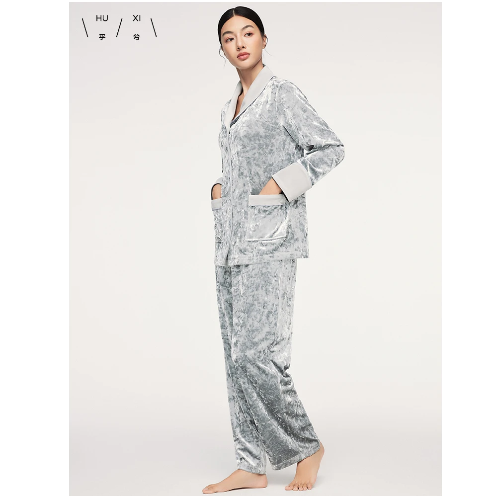 爱美丽乎兮春钻石绒开襟长袖家居服套装女可外穿时尚睡衣HX462442