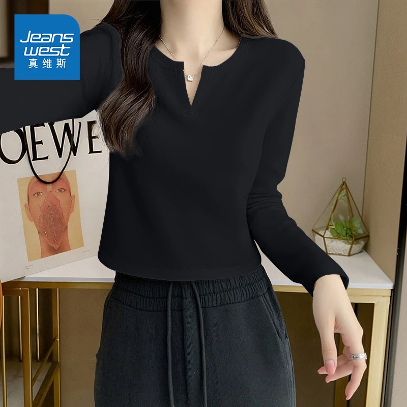 真维斯小v领针织长袖t恤女2025新款秋季修身显瘦紧身内搭打底衫