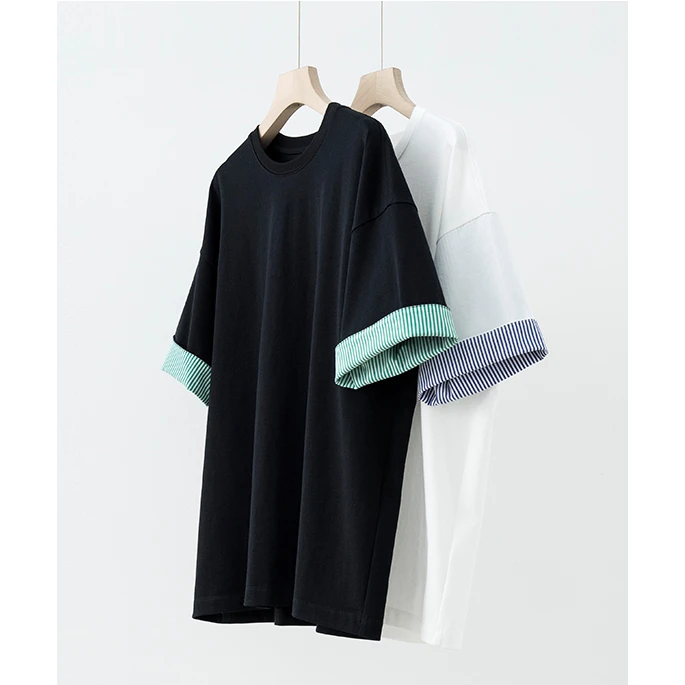 条纹翻袖圆领宽松休闲夏短袖T恤NT3L0923