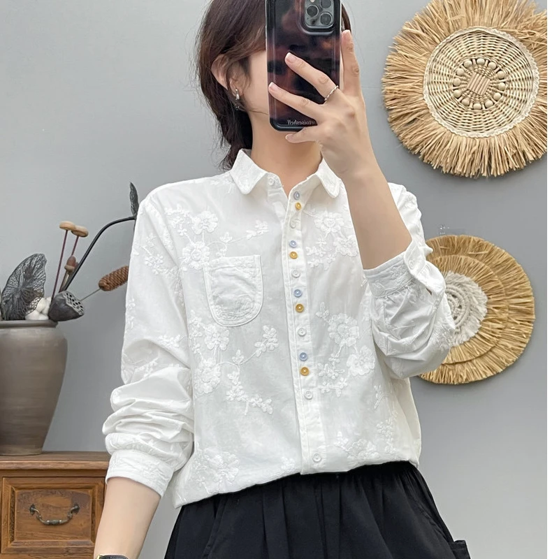 2025春季新品重工刺绣长袖衬衣 彩扣宽松女士纯色棉衬衫开衫上衣