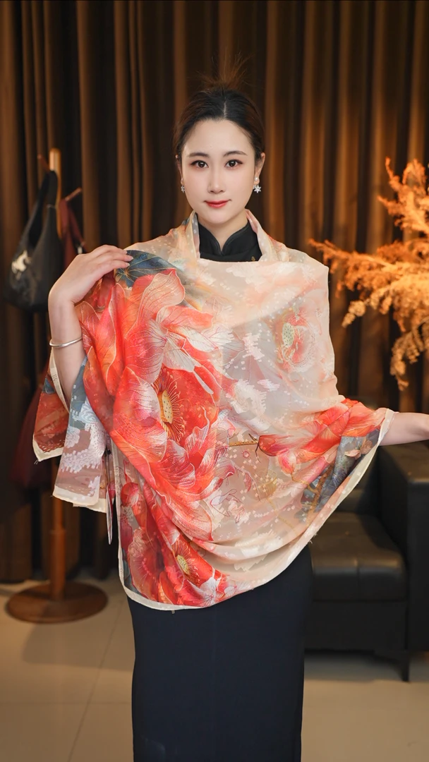 xys-336【出水莲花】提花 薯莨纱 镂空 香韵纱 90x180  长巾