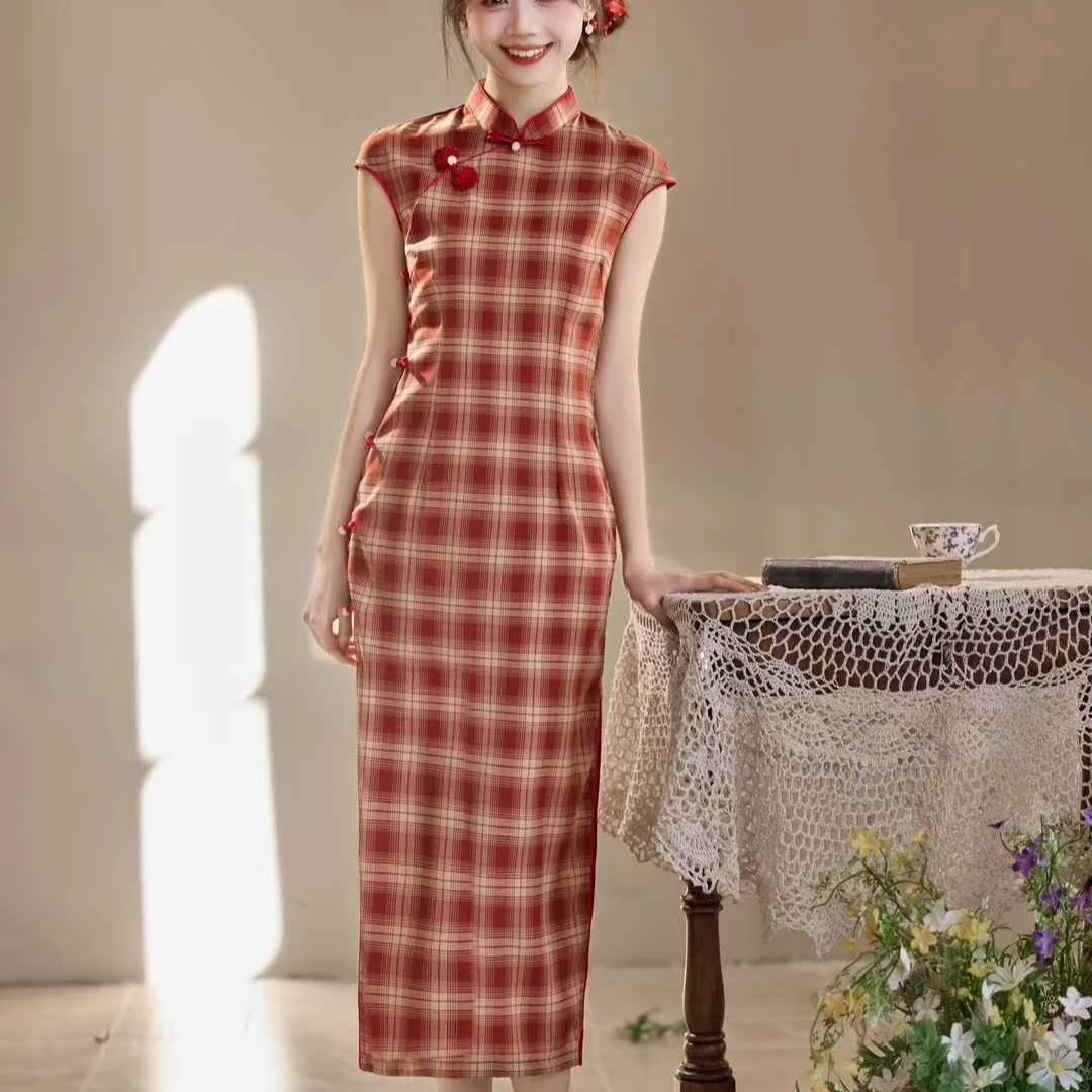 格子包袖旗袍显瘦气质网红时尚夏季少女复古中国风文艺红色显年轻