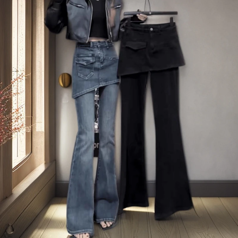 假两件微喇牛仔裤女2025年春秋季新款胖mm大码显瘦弹力马蹄喇叭裤