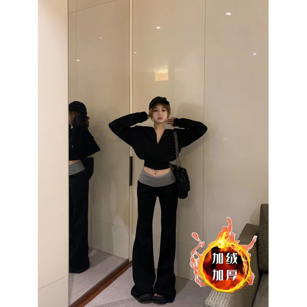 加绒加厚套装慵懒连帽长袖卫衣外套女秋冬修身撞色微喇叭裤两件套