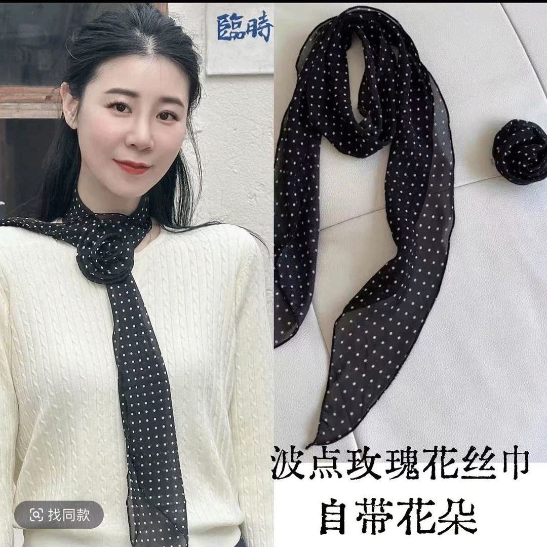 长条波点丝巾女春秋夏季新款百搭立体玫瑰花围脖飘带细窄高级感潮