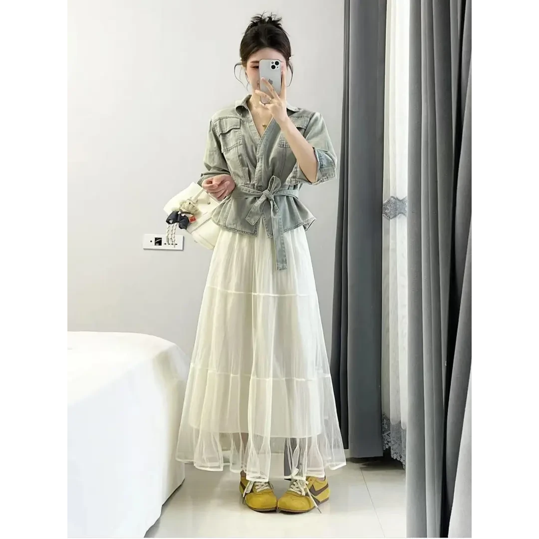 春夏穿搭套装2025超火美式复古时尚减龄牛仔外套网纱半身裙两件套