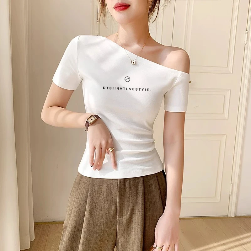 白色斜肩短袖t恤女2025夏季新款斜一字肩设计感洋气紧身打底上衣
