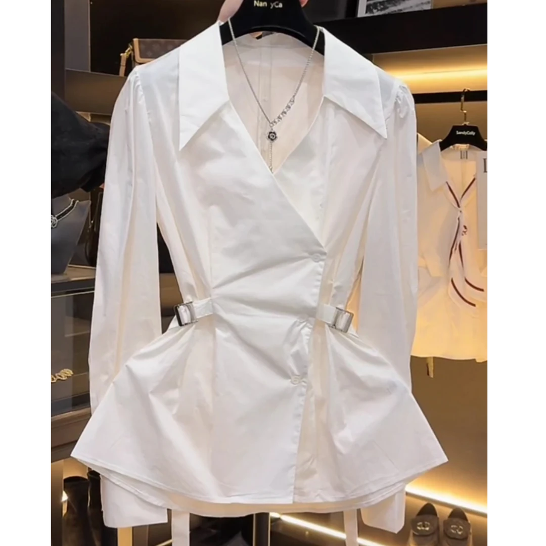 大码女装2025春季新款胖MM时尚百搭休闲气质显瘦系带V领长袖衬衫