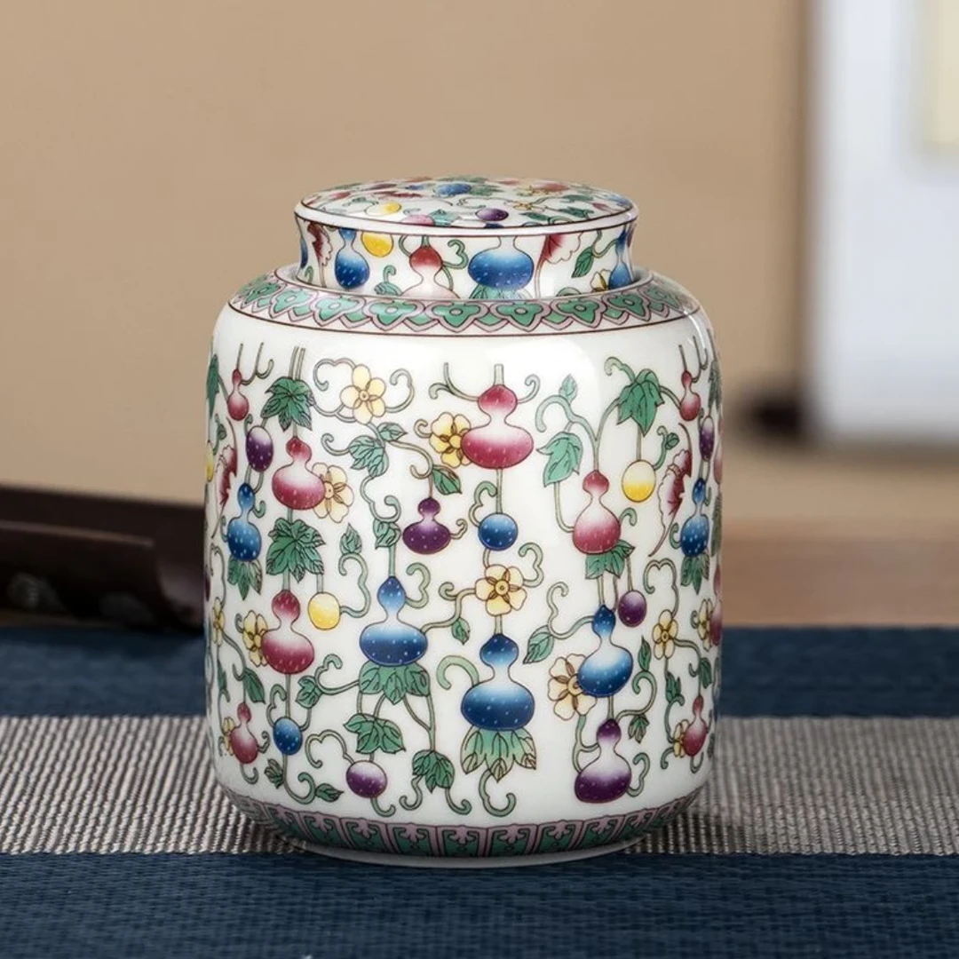 茗香瓷器 七彩葫芦盘平盖茶叶罐密封罐储物罐-5173-2408