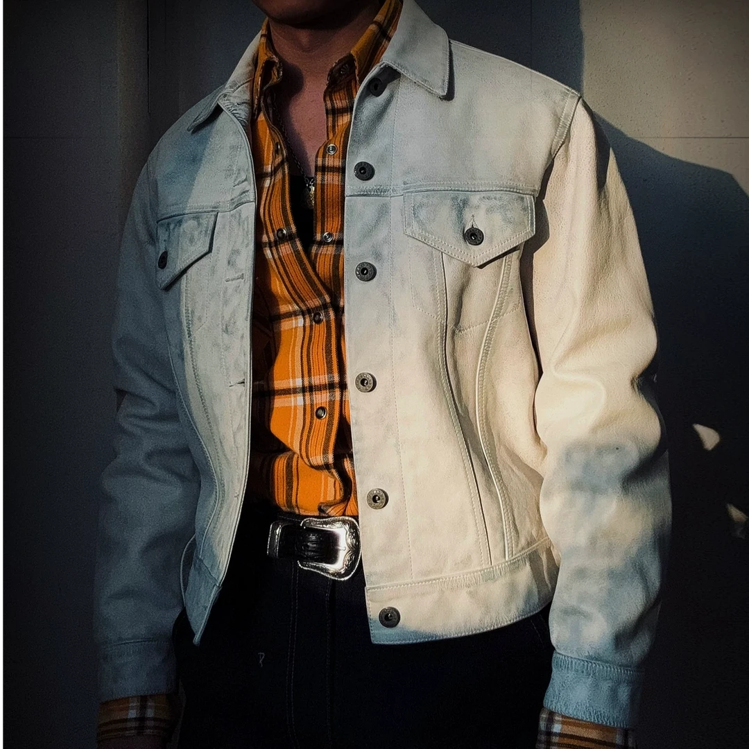2026春装首发~无铬鞣全粒面小牛皮水洗做旧557牛仔夹克真皮皮衣