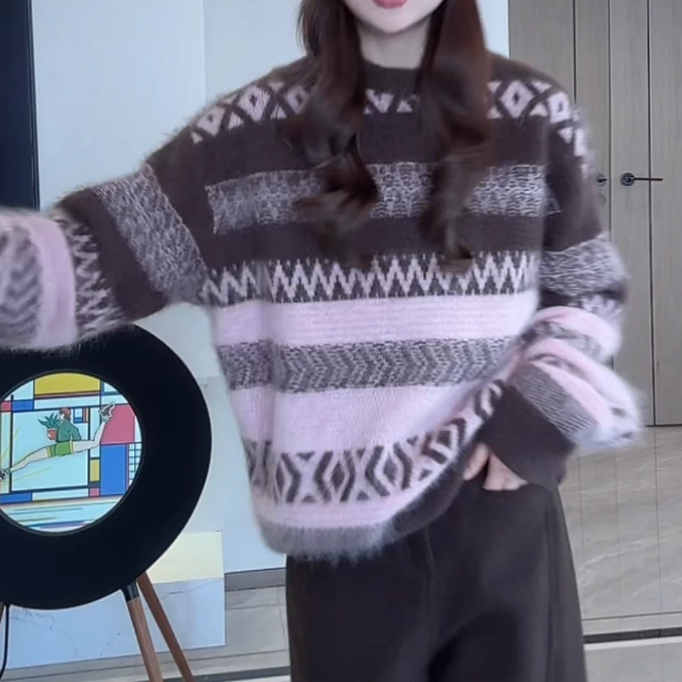 创意感套头菱格条纹软糯费尔岛毛衣冬季新款复古风宽松慵懒针织衫