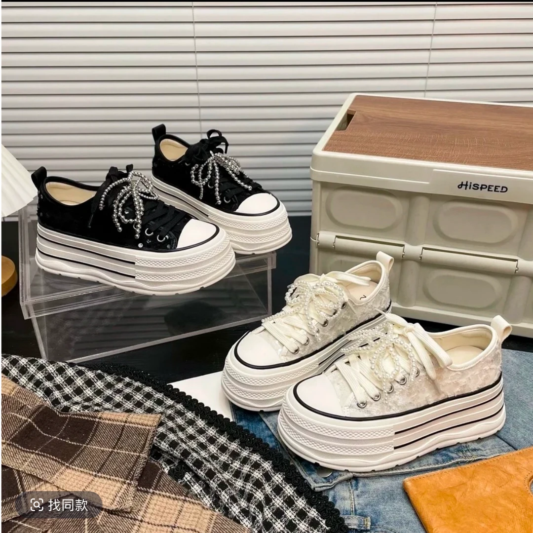 【S】厚底帆布鞋2025年新款小白鞋厚底增高学生百搭女鞋