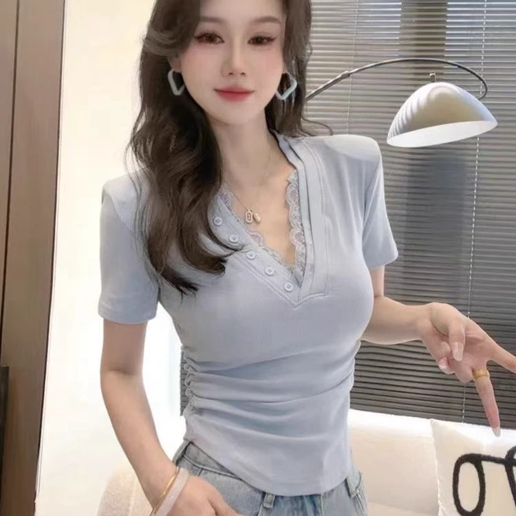 蕾丝花边正肩T恤女短袖2025夏装新款设计感小众褶皱百搭V领上衣潮