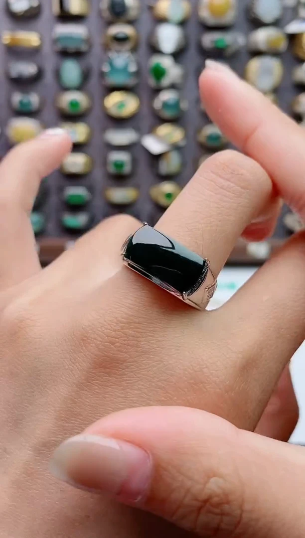 银S925镶嵌戒指翡翠天然翡翠男戒