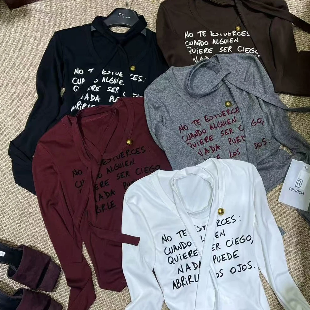 1098#2025新款时尚百搭气质字母绑带设计长袖打底上衣