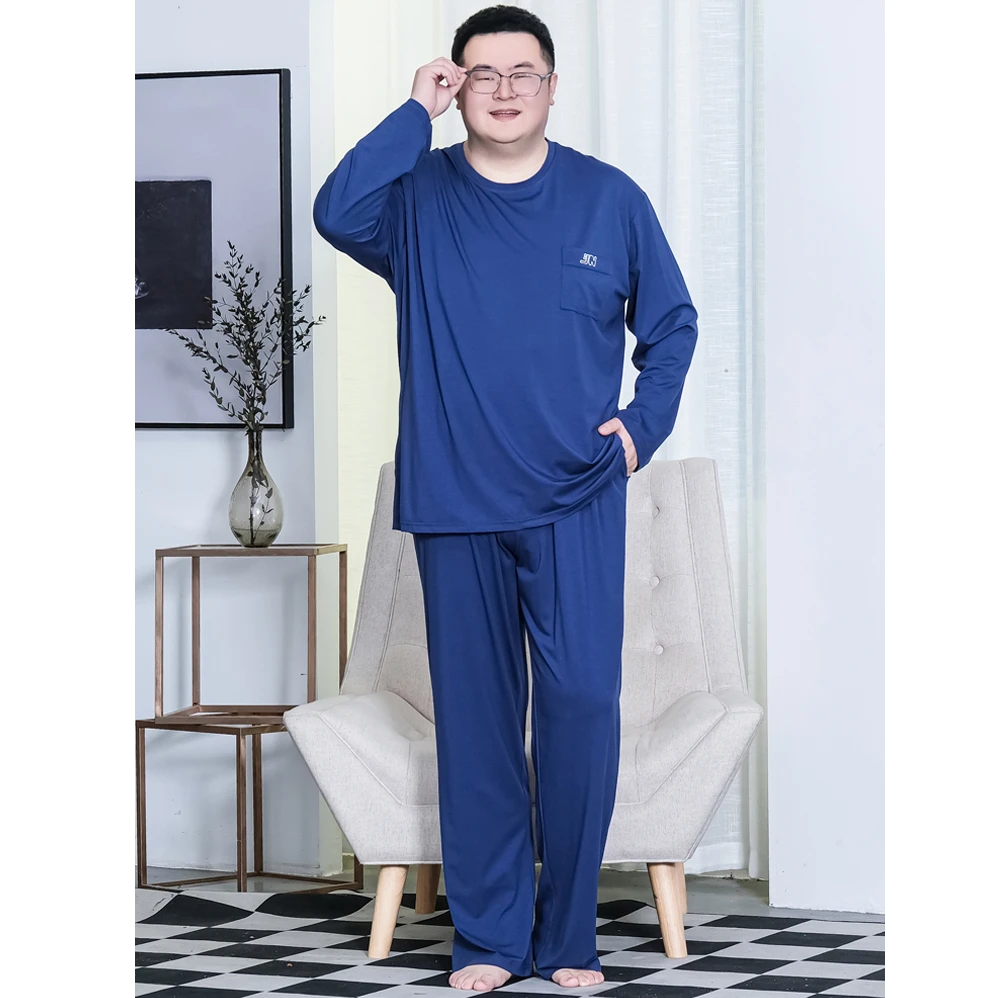 莫代尔冰感睡衣男款春季加肥加大码夏季长袖冰丝家居服套装300斤
