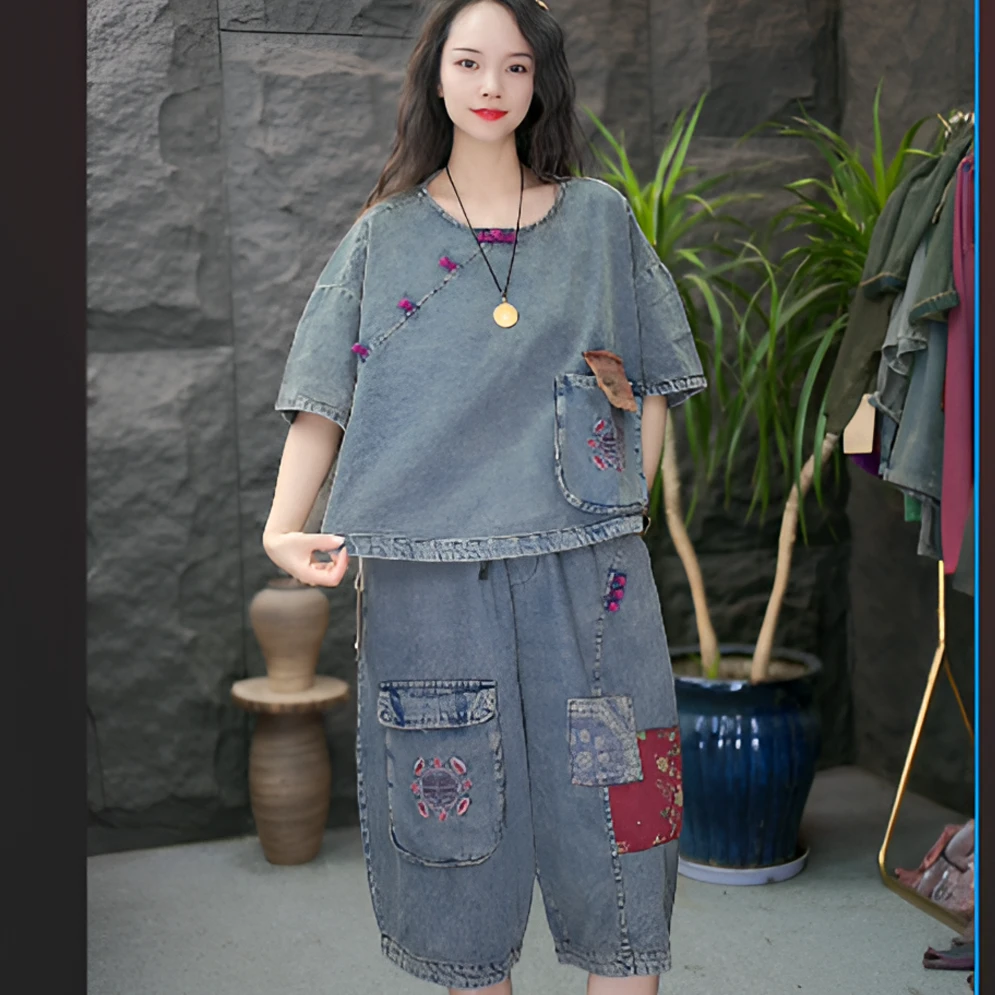 JJ新中式休闲风民族风时尚套装牛仔套装中国风短袖大码