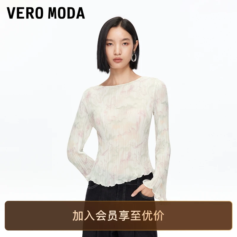 Vero Moda雪纺衫女2025秋季新款印花喇叭袖修身上衣百搭蕾丝长袖