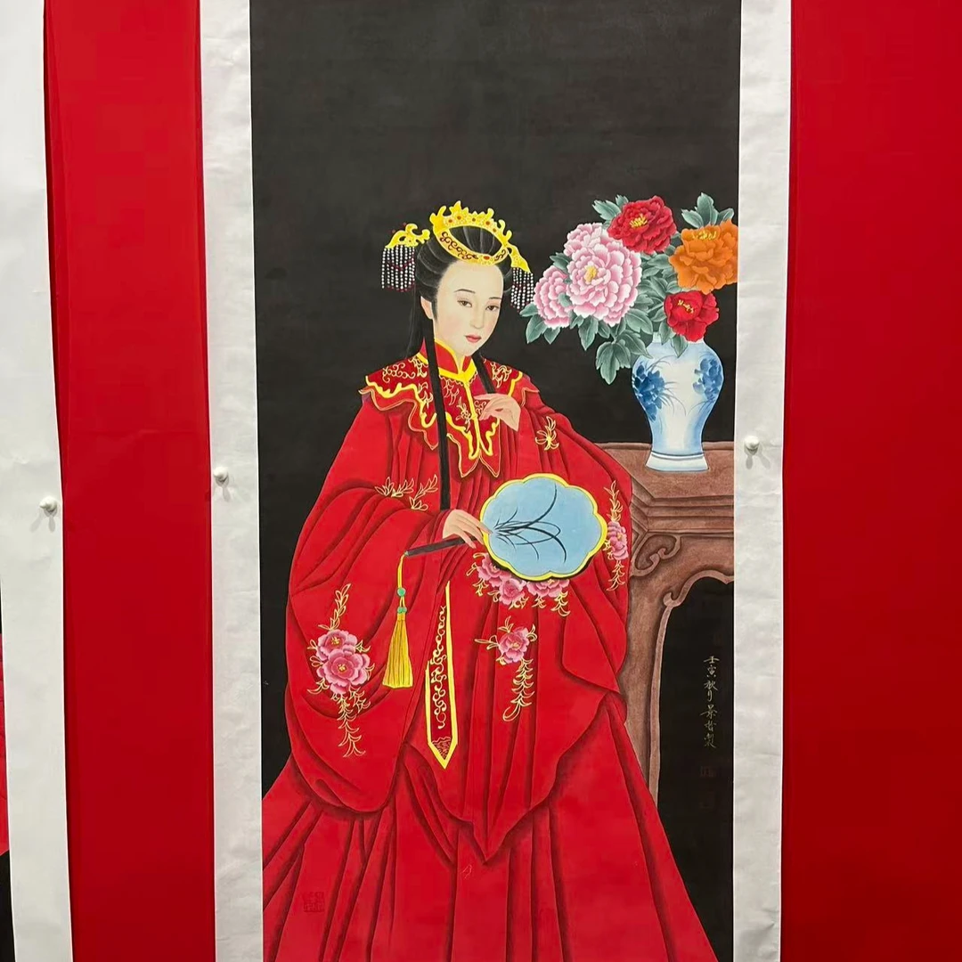 八平尺画-中国红-新娘+蓝色摇扇-CJZ-嘉福书画院